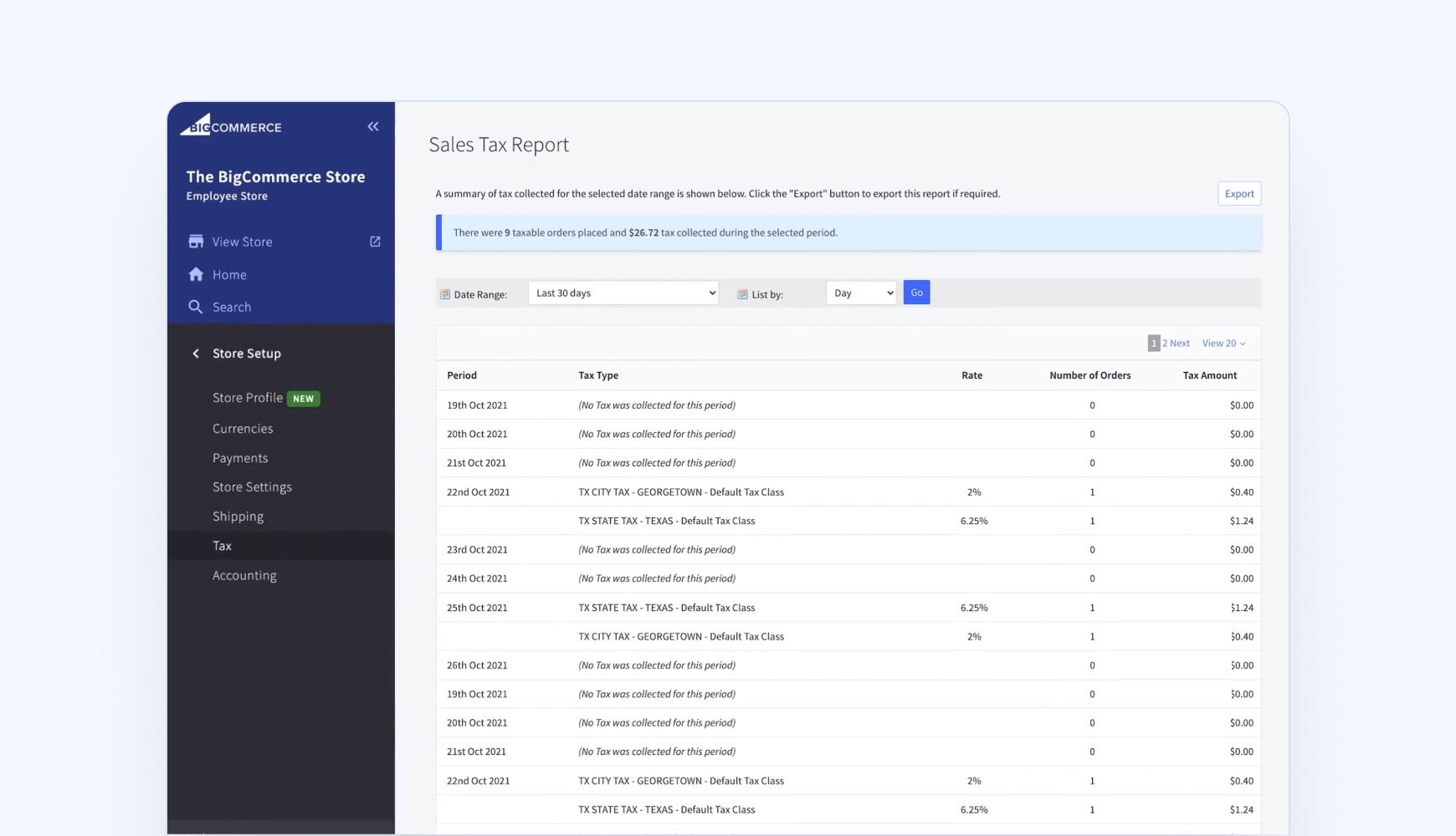 BigCommerce sales tax reporting