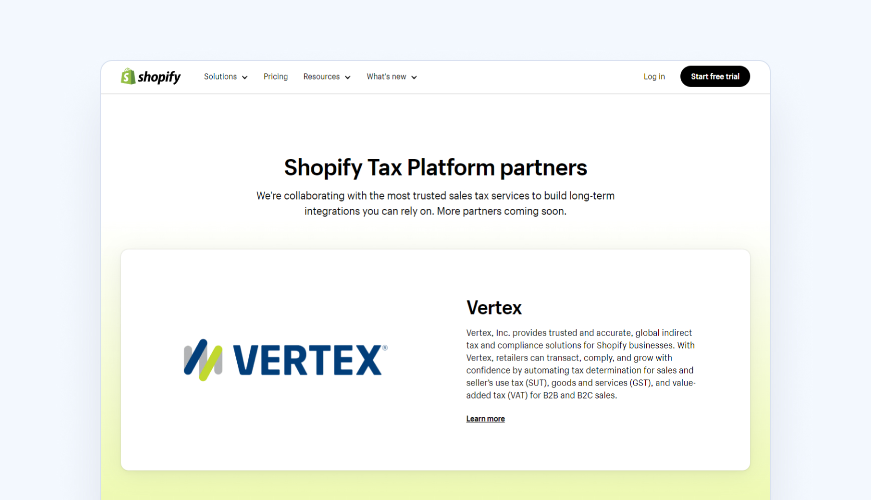 Vertex Shopify sales tax partner