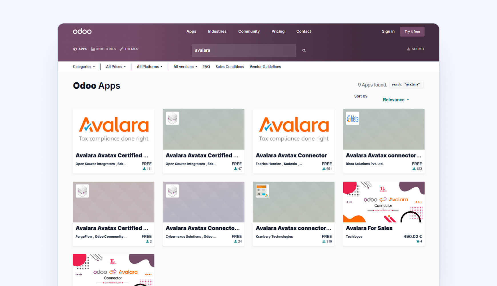 Avalara third-party providers on Odoo Store
